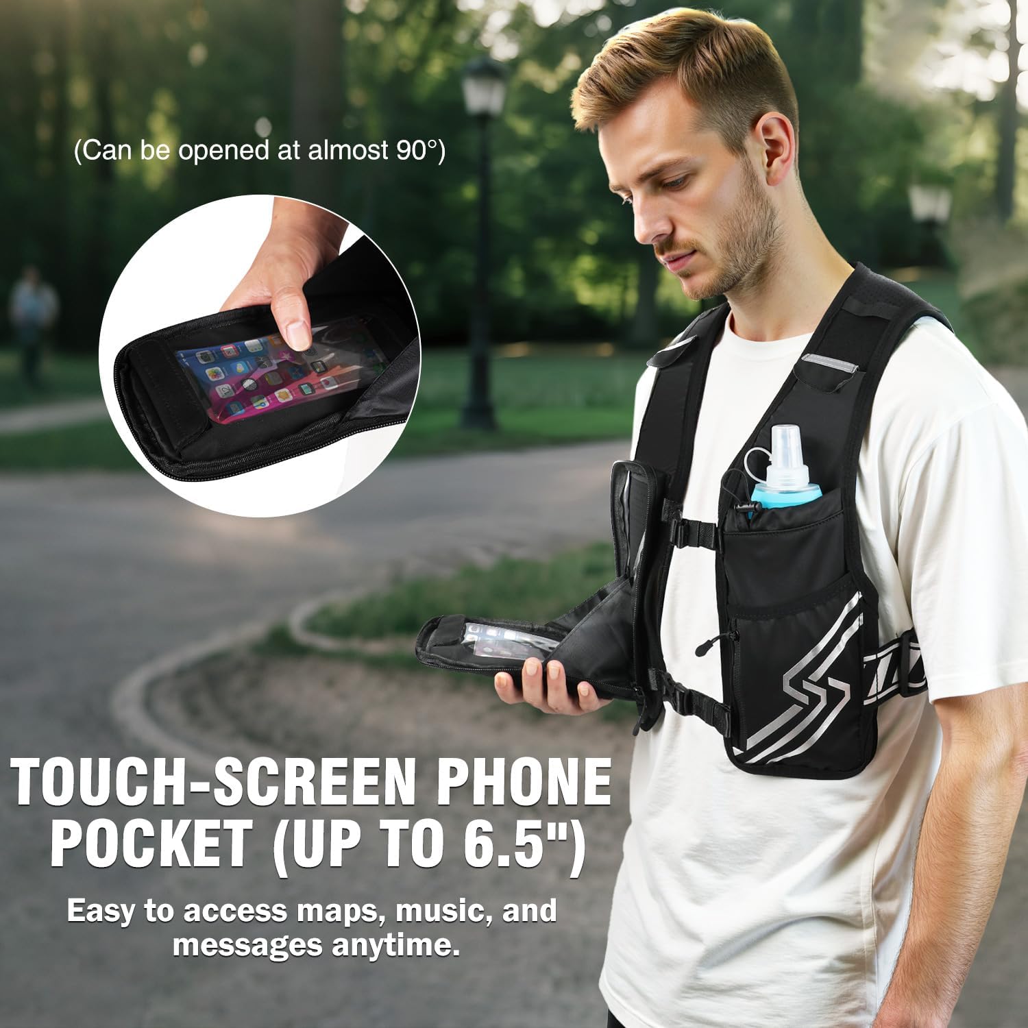 Running Vest for Women Men, Running Hydration Vest with 500ml Soft Flask & Touch-Screen Phone Pocket, Reflective