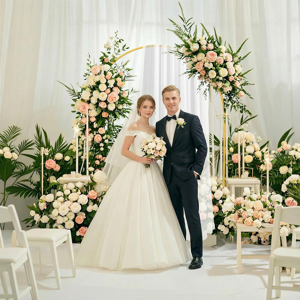 Arch Backdrop Stand,7ft x 8ft Heavy Duty Backdrop Stand with 28" x19FT Wedding Arch Draping Fabric with White Fabric