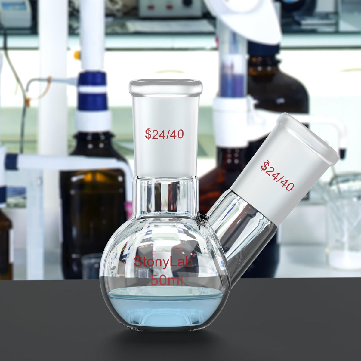 Flat Bottom Flask FBF, Heavy Wall 2-Neck Lab Flask Borosilicate Glass Flat Bottom Boiling Flask with 24/40 Standard