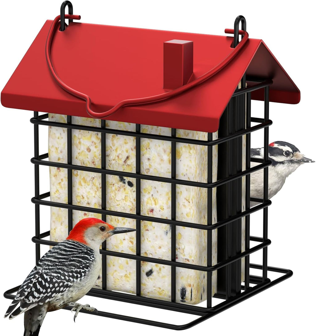 All-Metal Double Suet Bird Feeder for Outdoors Hanging, Red Roof
