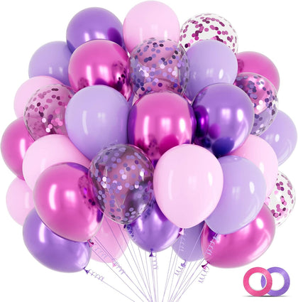 Pink and Purple Balloons, 68PCS 12 Inch Metallic Purple Pink Confetti Latex Balloons with Ribbon, Party Balloons for