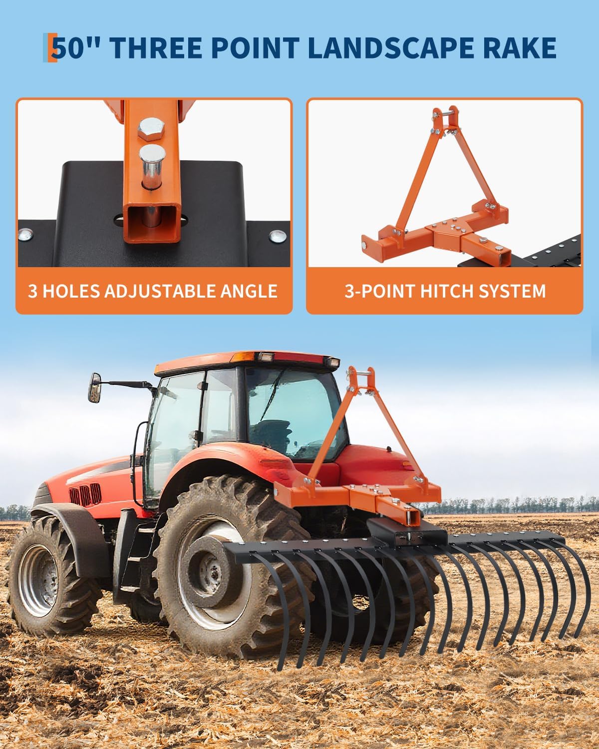 50 in Landscape Rake,3 Point Hitch Tractor Rake Category-0 Cat-1 Tractor with 360 Degree Rotation,Replaceable Spring