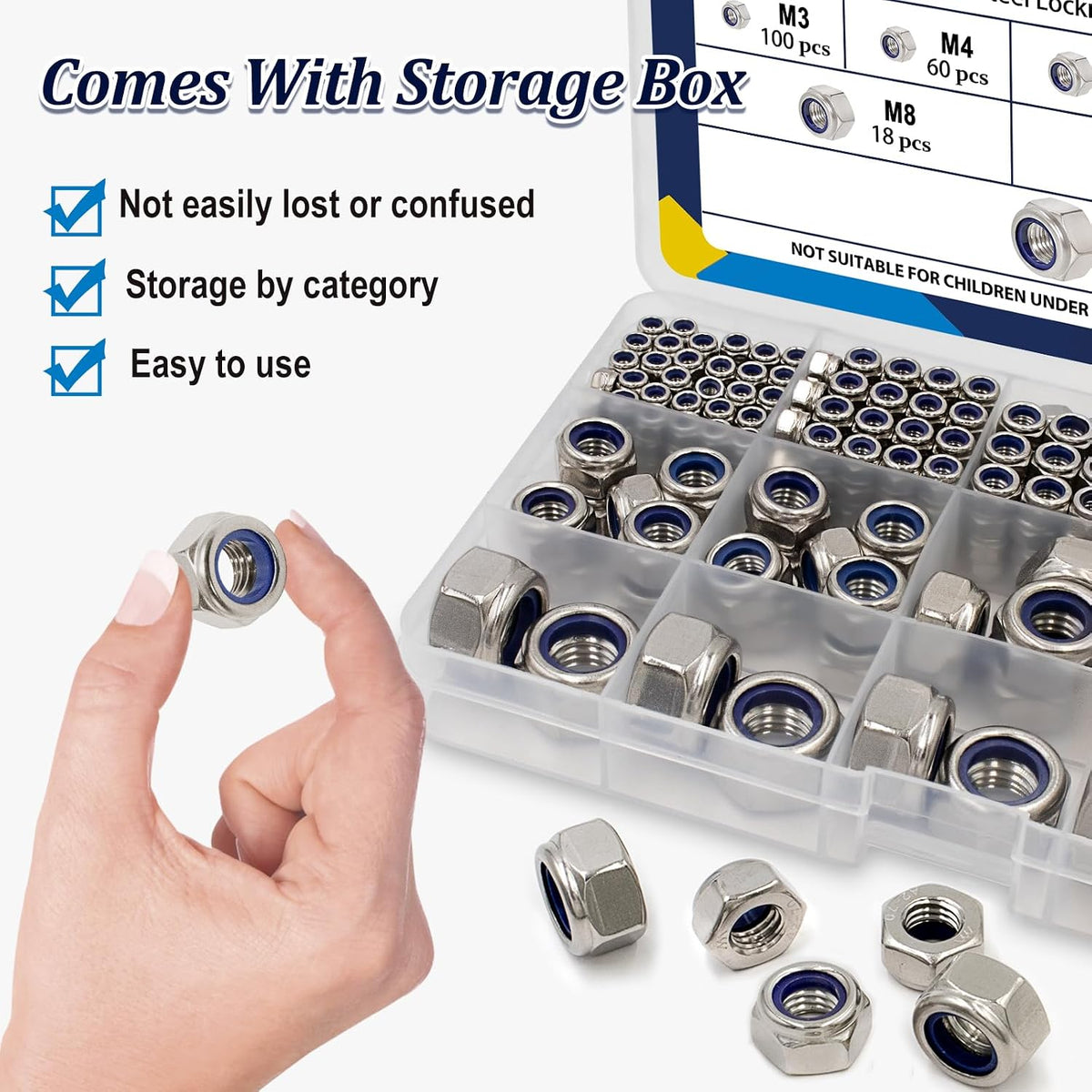 ZQZ 300Pcs Metric Stainless Nylon Lock Nuts Assortment Kit; M3-M12 Locknut