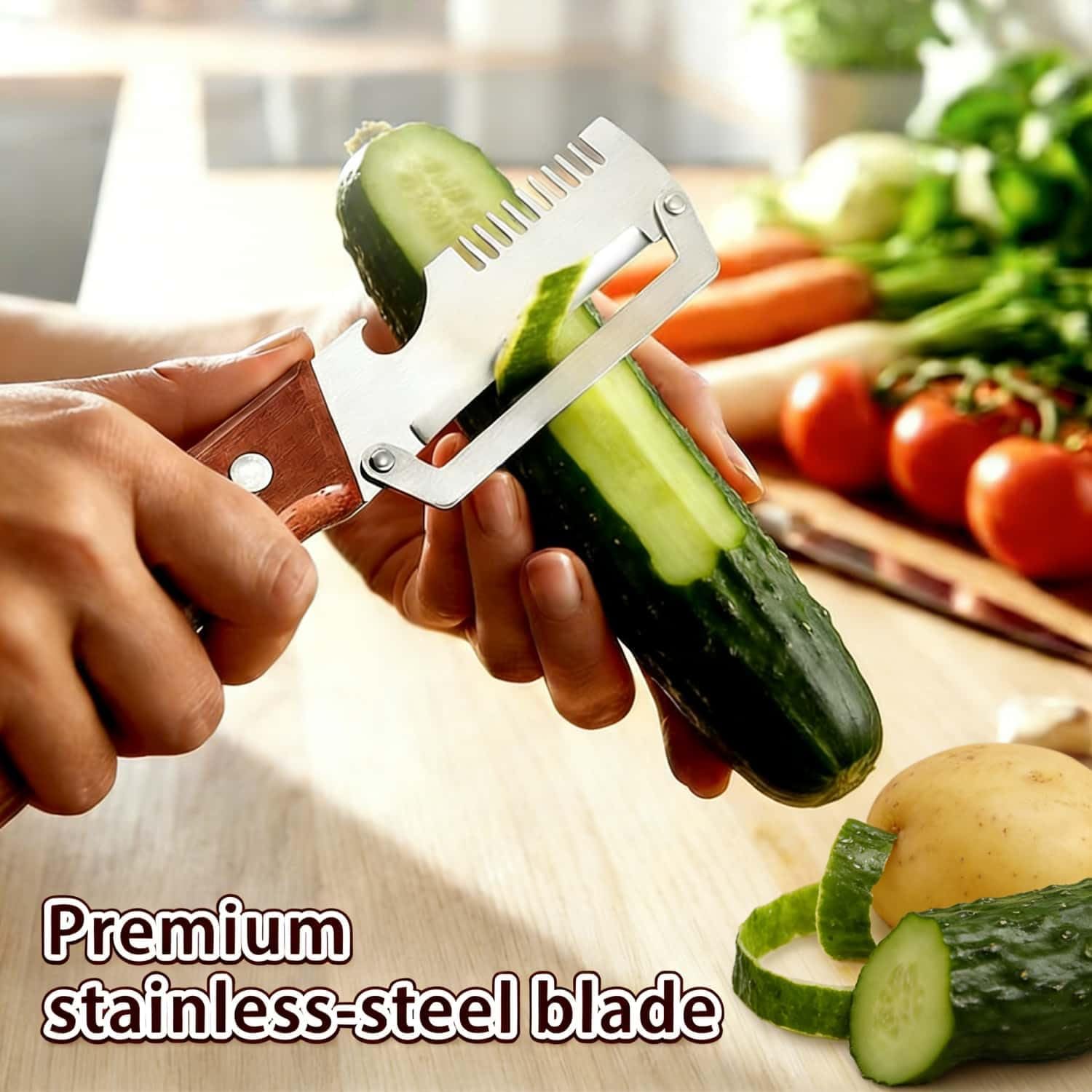 Multifunctional Vegetable Peeler，With wooden handle & bottle opener and grater 3 in 1 kitchen gadgets for potatoes