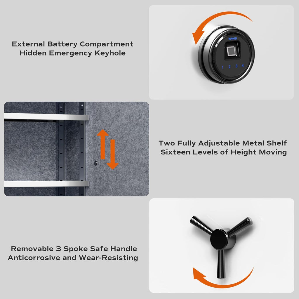 Deluxe Biometric Safe Box,Digital Fingerprint Fireproof Waterproof Safe with Touch Screen,Removable Shelf and 3 Spoke