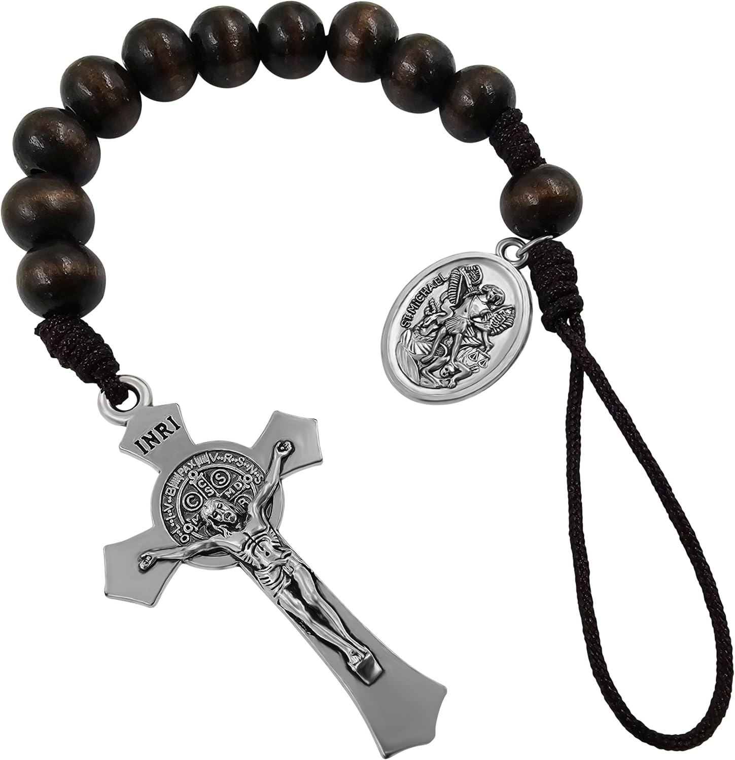 Saint Benedict Medal Crucifix One Decade Pocket Rosary Wood Bead