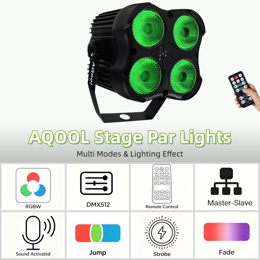 Stage Par Lights, RGBW 4-in-1 LED Par Light Stage Lights DMX | Sound Activated, Remote Control, Multi Modes, Strobe &