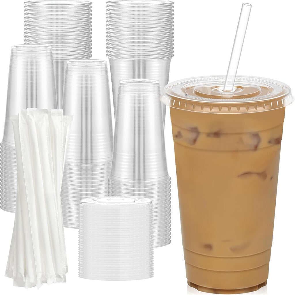 100 Pack - 24 oz Clear Plastic Cups with Lids and Straws