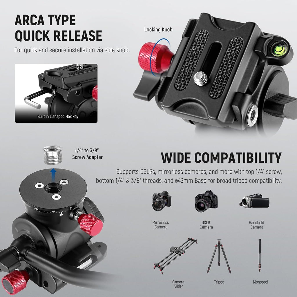 Fluid Tripod Head with Handle & Arca Type Quick Release, Aluminum Alloy Panorama Drag Pan Tilt Head with ø43mm Scaled