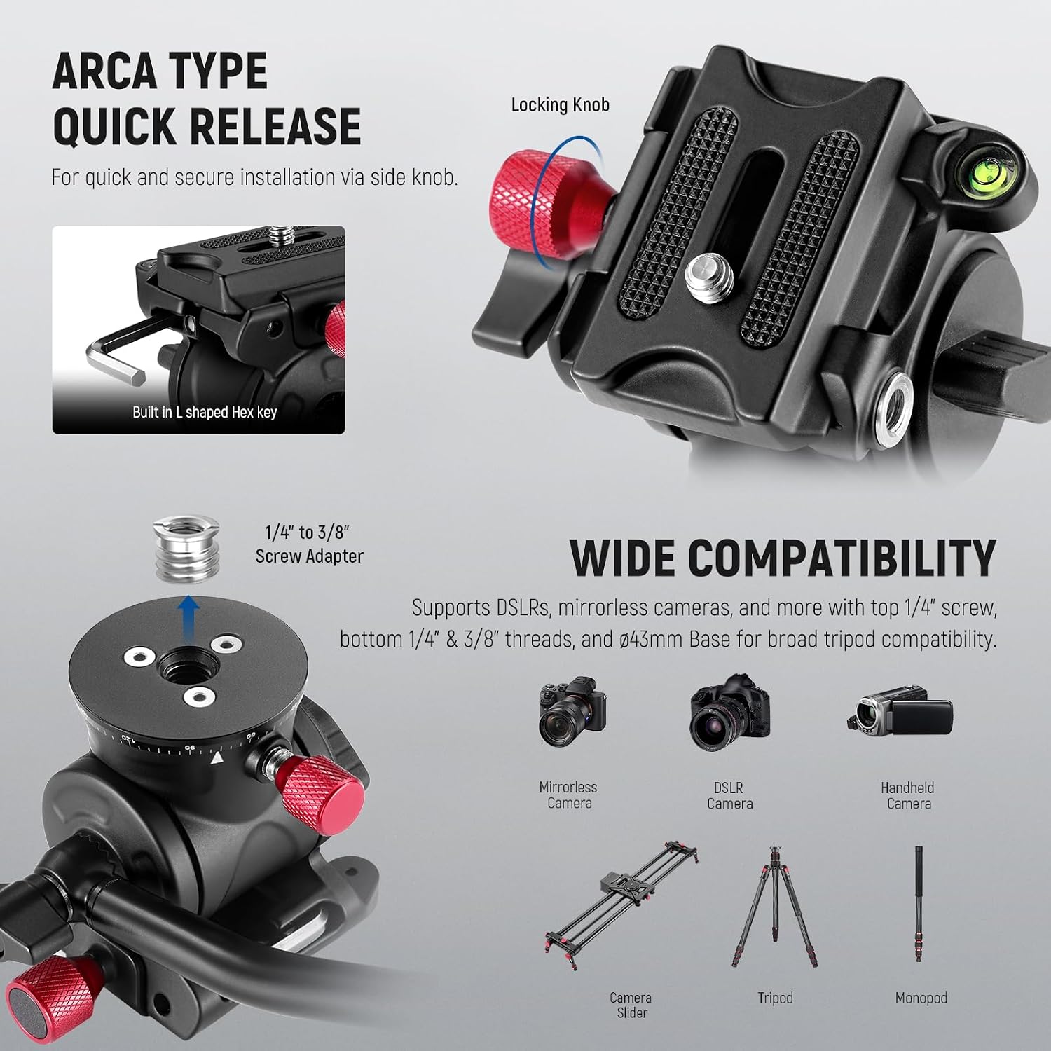 Fluid Tripod Head with Handle & Arca Type Quick Release, Aluminum Alloy Panorama Drag Pan Tilt Head with ø43mm Scaled