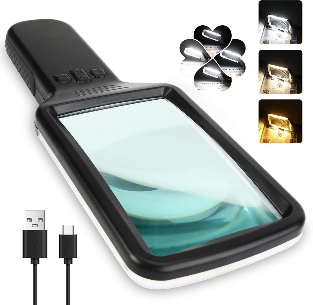 15X Rechargeable Magnifying Glass with Light, Real Glass Page Lens, 3 Color Modes Stepless Dimmable, Lighted Handheld
