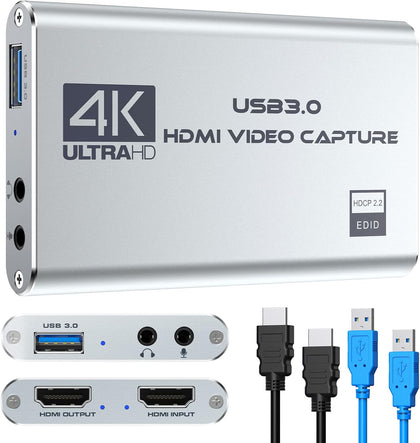 Video Capture Card 4K 1080P 60FPS, USB 3.0 HDMI Video Capture Device, HD Game Capture Card for Streaming, Work with