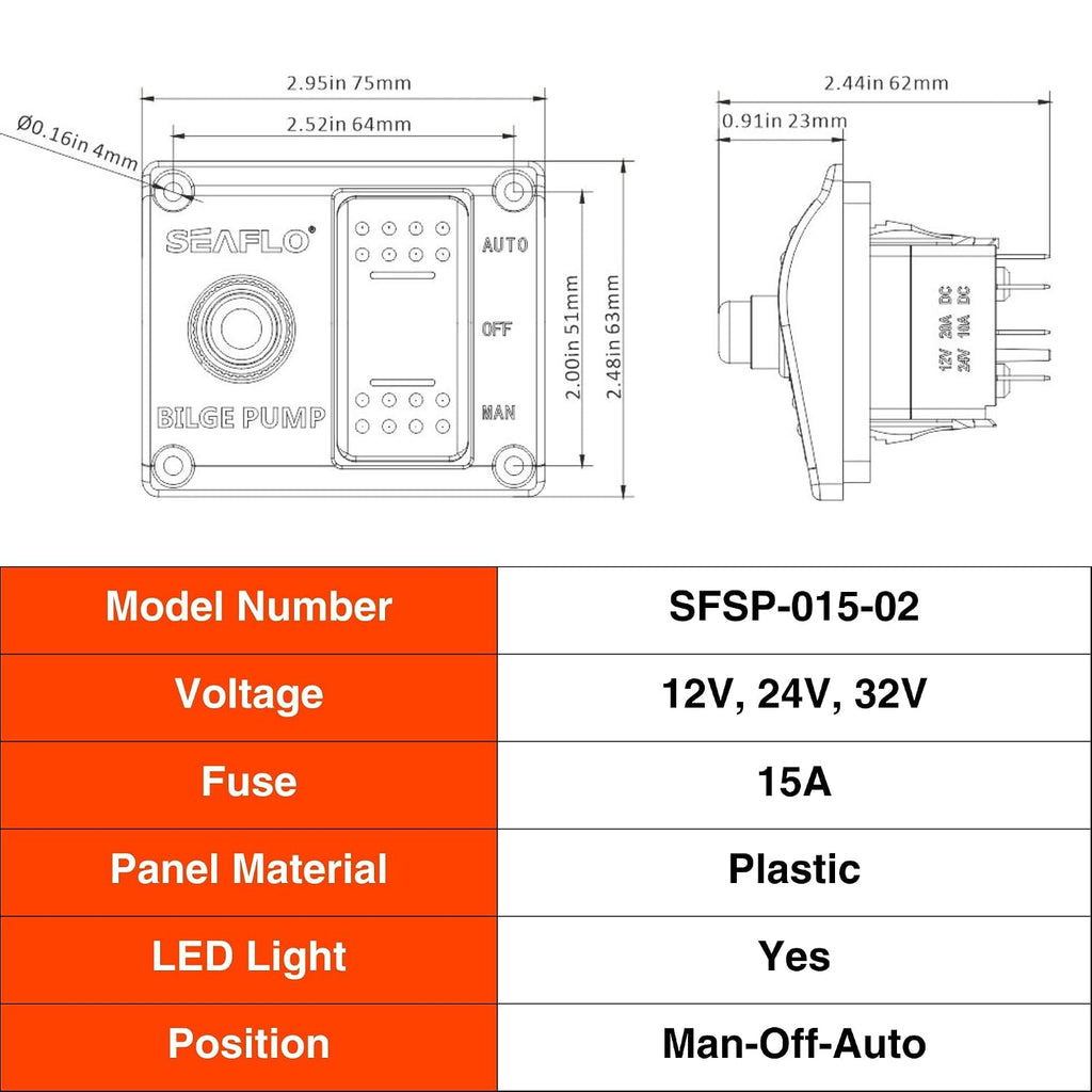 SEAFLO 3-Way Bilge Pump Switch Panel (Automatic-Off-Manual) 12v 24v w/Built-in 15A Circuit Breaker