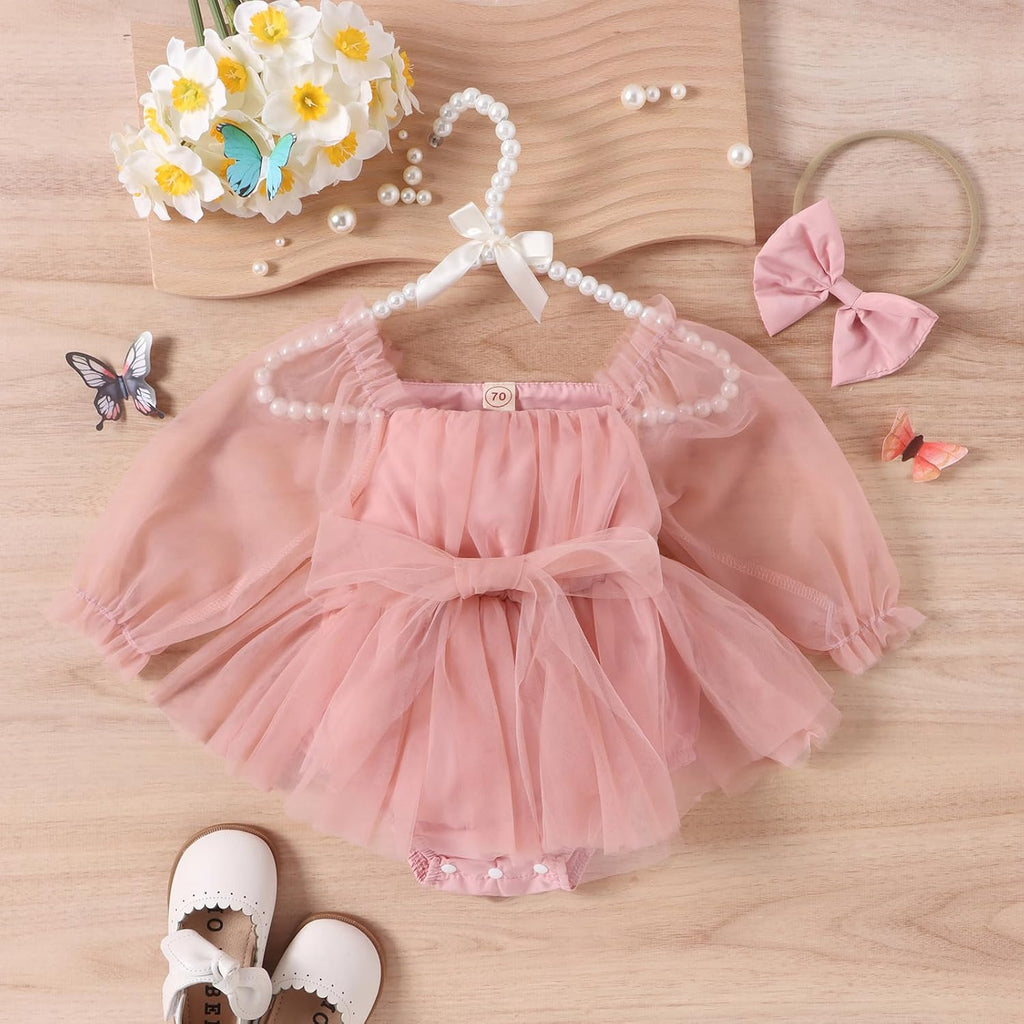 Newborn Baby Girl Romper Dress Flower Embroidery Tutu Princess Long Sleeve One-Piece Bodysuit Cake Smash Outfit