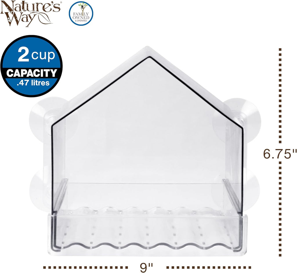 Nature’s Way Crystal Window Seed Feeder with 4 Secure Suction Cup Mount, Clear 2-Cup Capacity Hanging Bird Feeder for