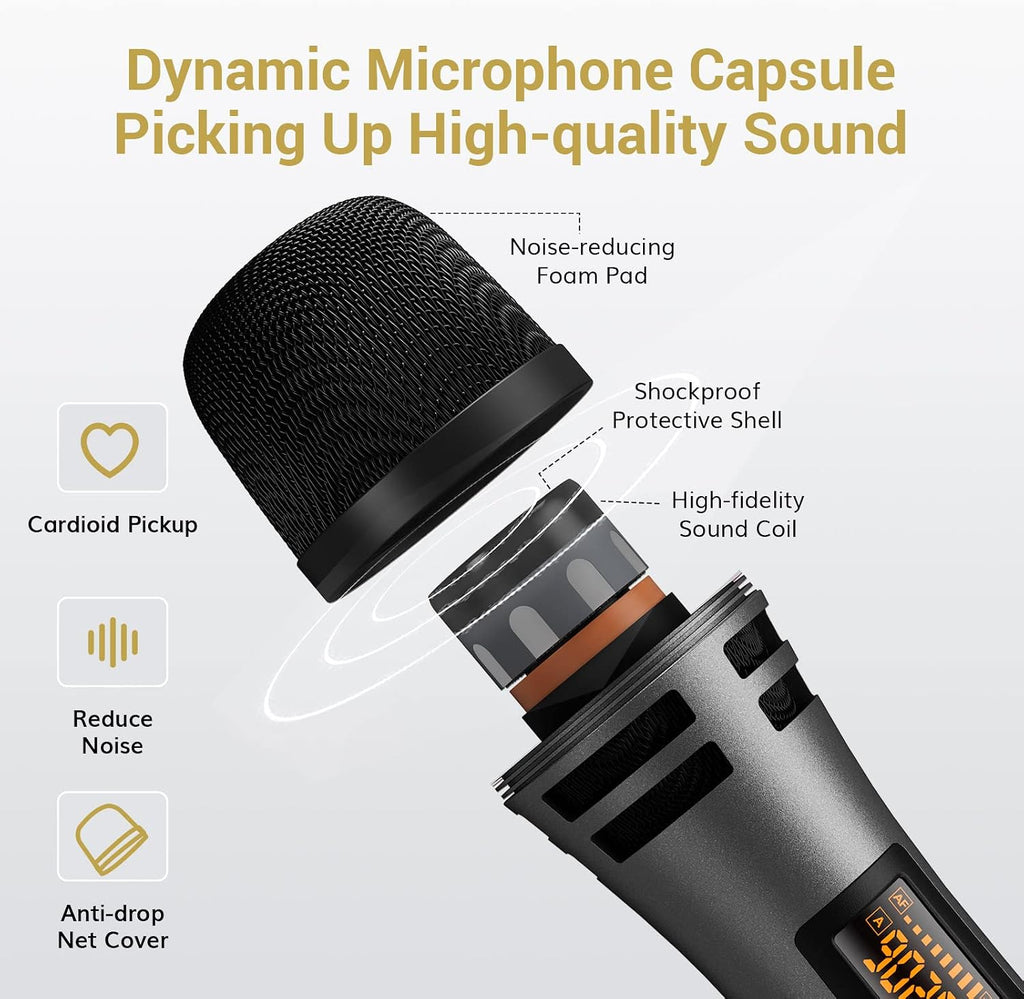 Wireless Microphone, UHF Karaoke Microphone System, Microfonos Inalambricos with Rechargeable Receiver, Cordless