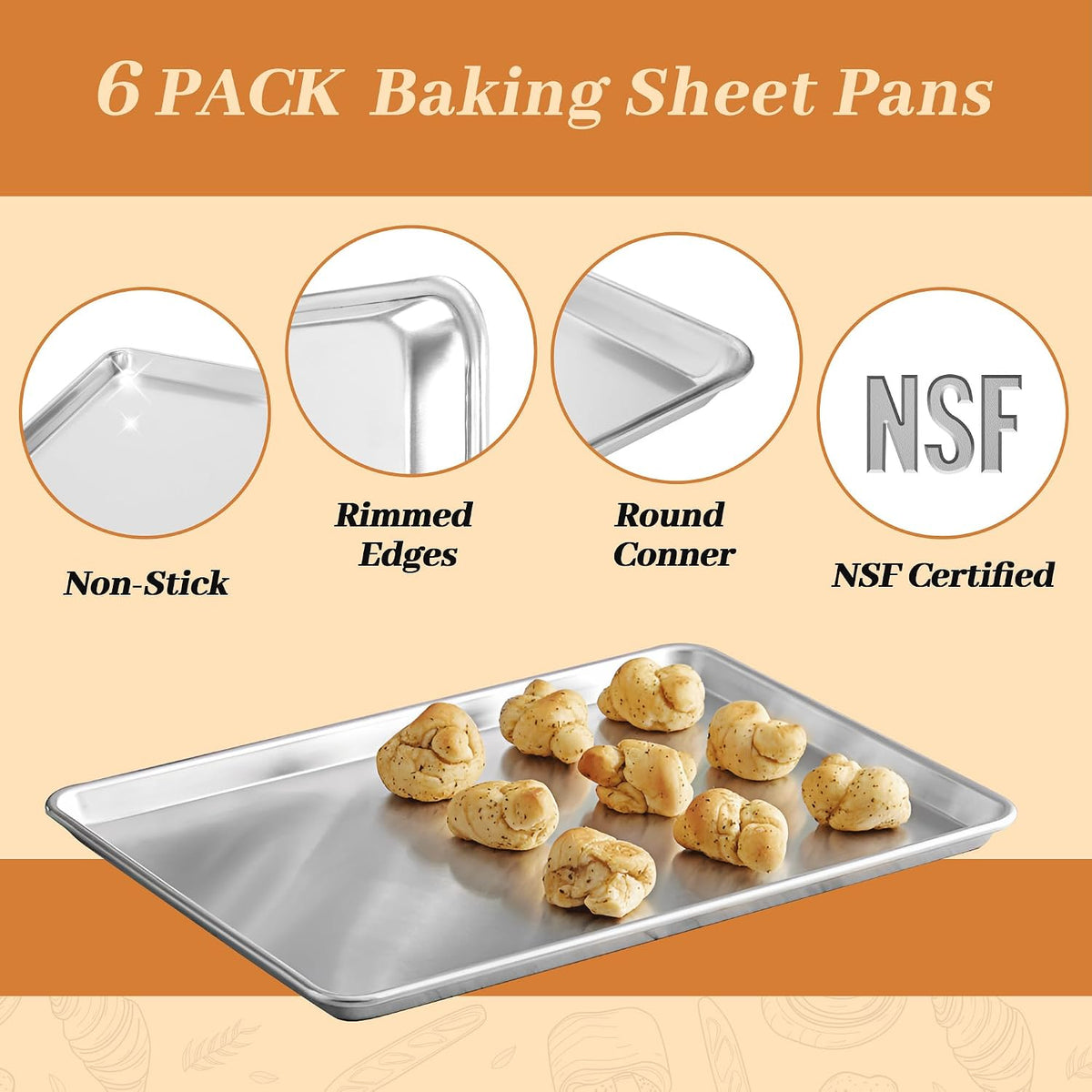 Aluminum Baking Sheet Pans, Full Size 26"x18", 6 Pack