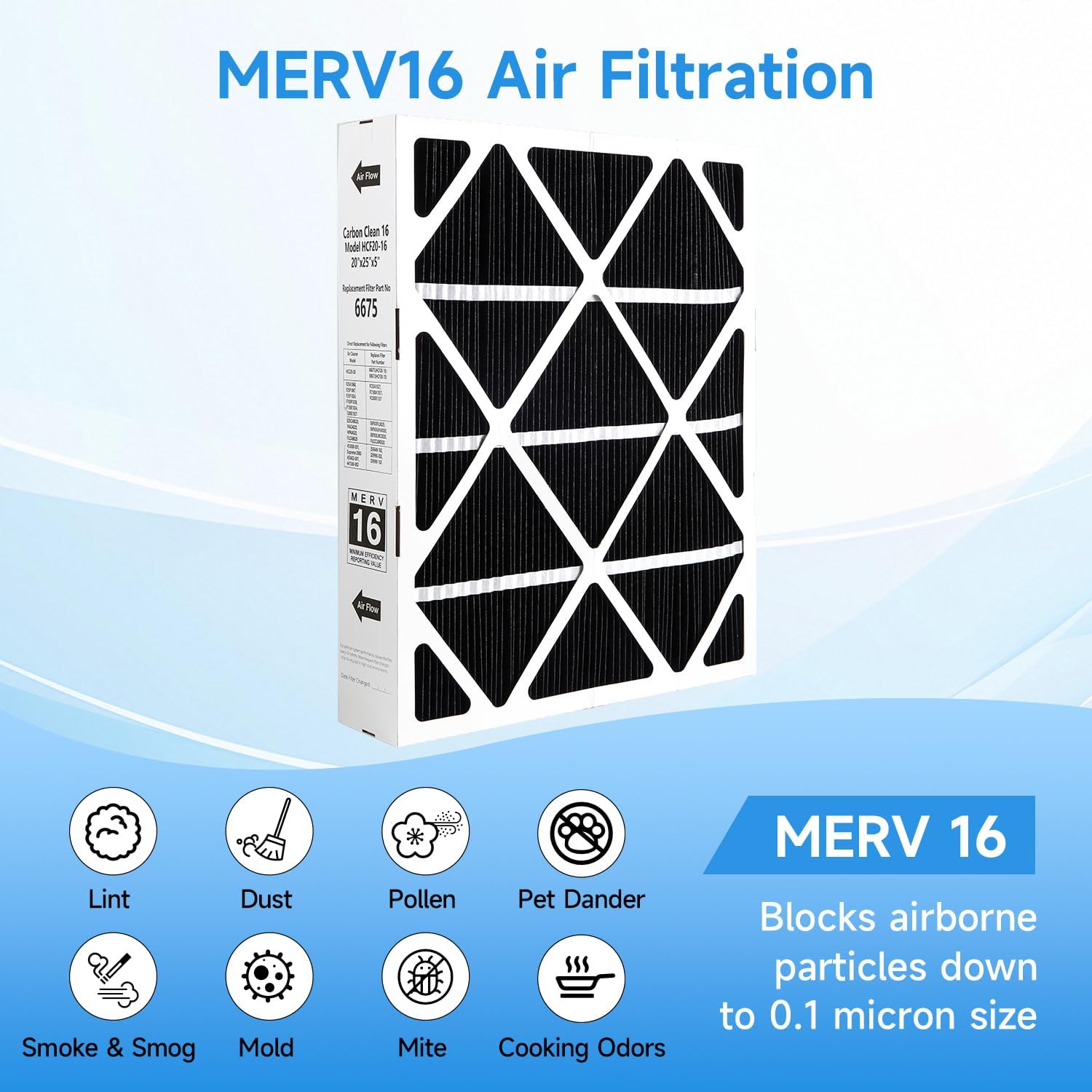 X6675 20x25x5 Air Filter 2 Pack, MERV 16 Expandable Carbon Efficient Furnace Filter Compatible with X6675 and
