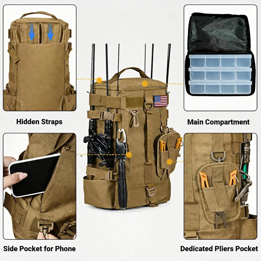 Small Fishing Bag Tackle Backpack with Rod Holder Lightweight Backpack for Fishing Hiking Kayaking Outdoor Gear
