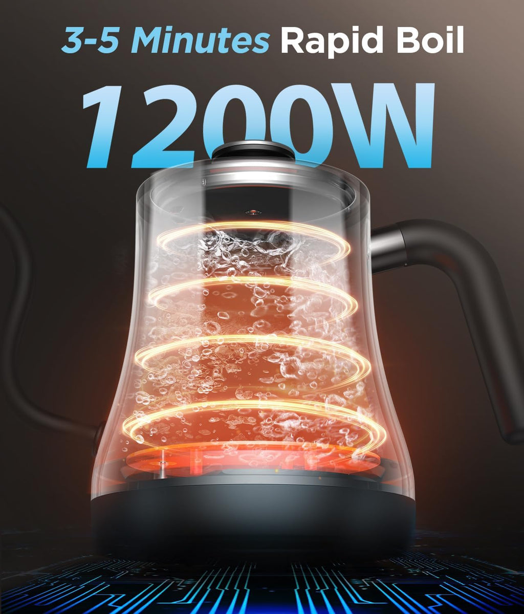 Gooseneck Electric Kettle, ±1℉ Temp Control, Mute Mode, 4H Keep Warm | 0.8L Pour Over Kettle, 1200W Fast Heating