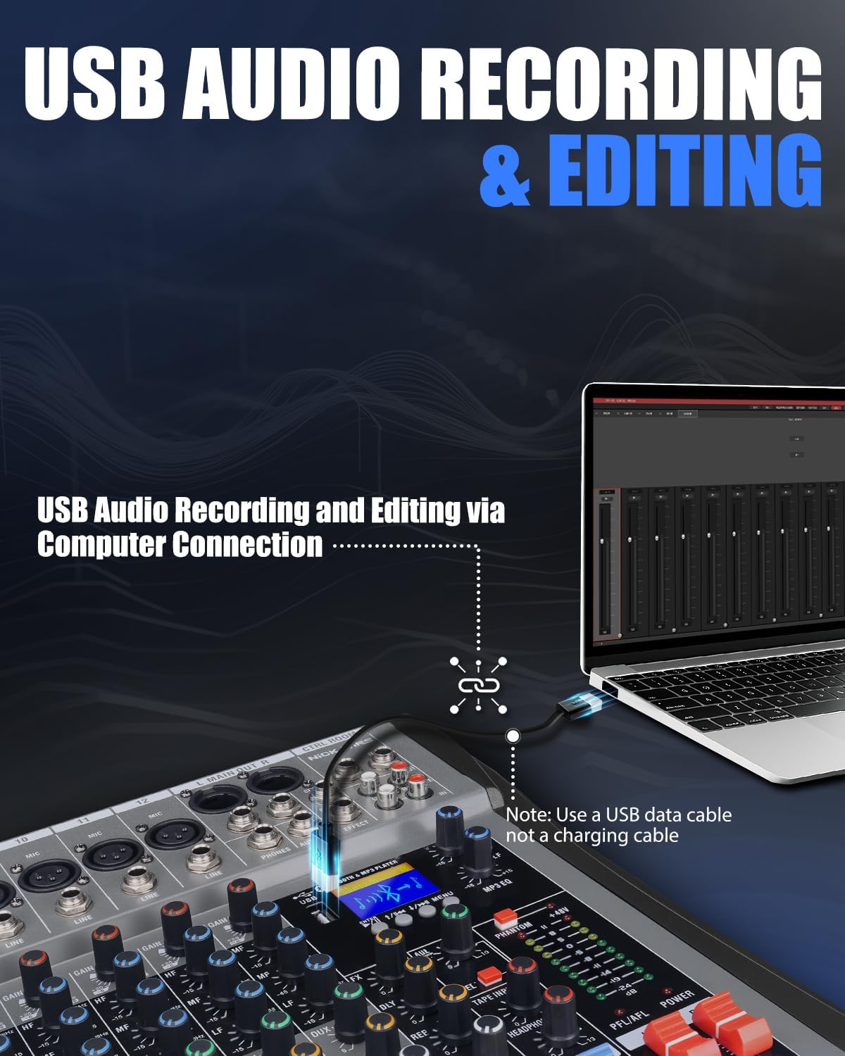 12 Channel mixer professional Audio Mixer, dj mixer with Individual Channel Control and USB Audio Recording & Editing