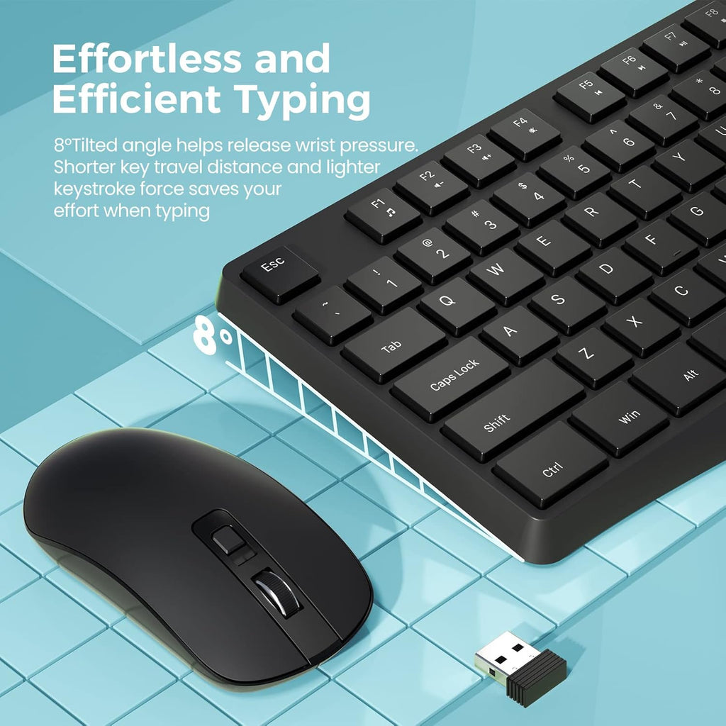 2.4G Wireless Keyboard Mouse Combo, Full-Sized for Computer- Black | Ergonomic, Low profile Keys, 3 DPI Adjustable