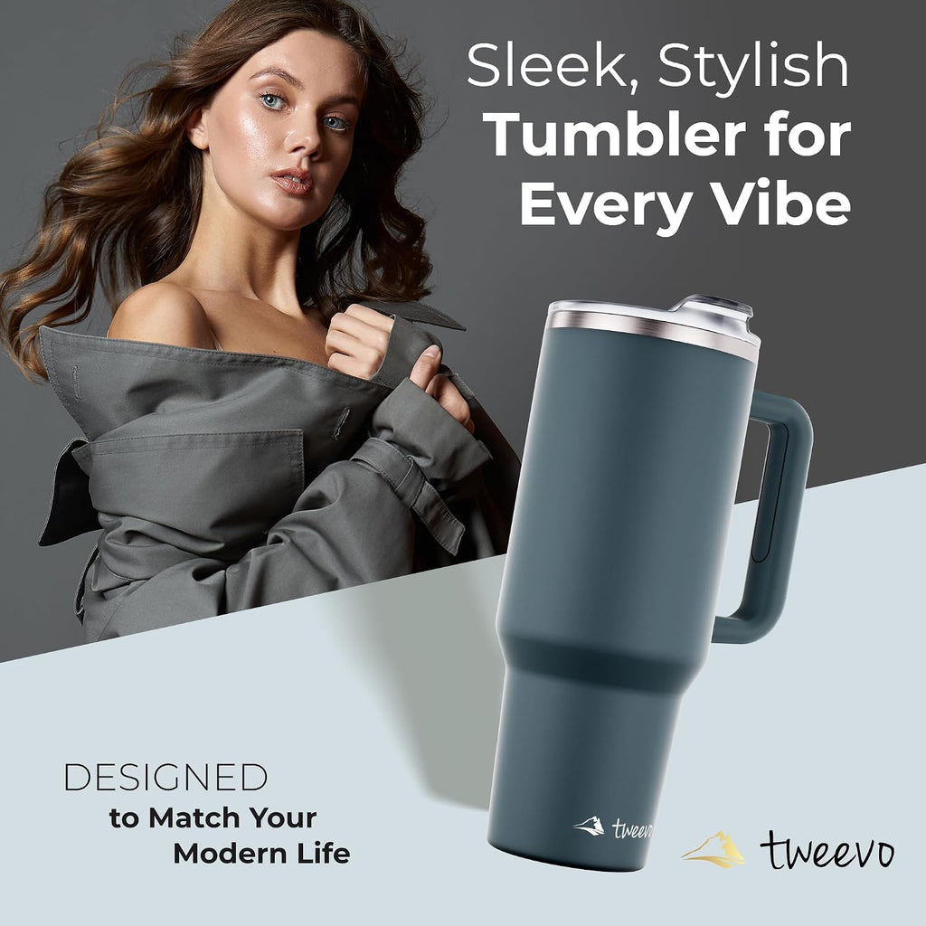 40 oz Tumbler With Handle and Straw Made of Stainless Steel - Double Wall Vacuum Insulated Tumbler With Lid - Sweat