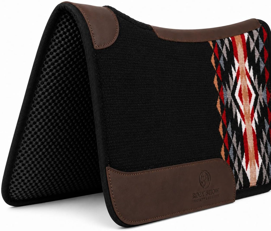 Premium Western Durrie Saddle Pad Black Southwestern Diamond Horse Saddle Blanket with Brown Leather Wear Panels |