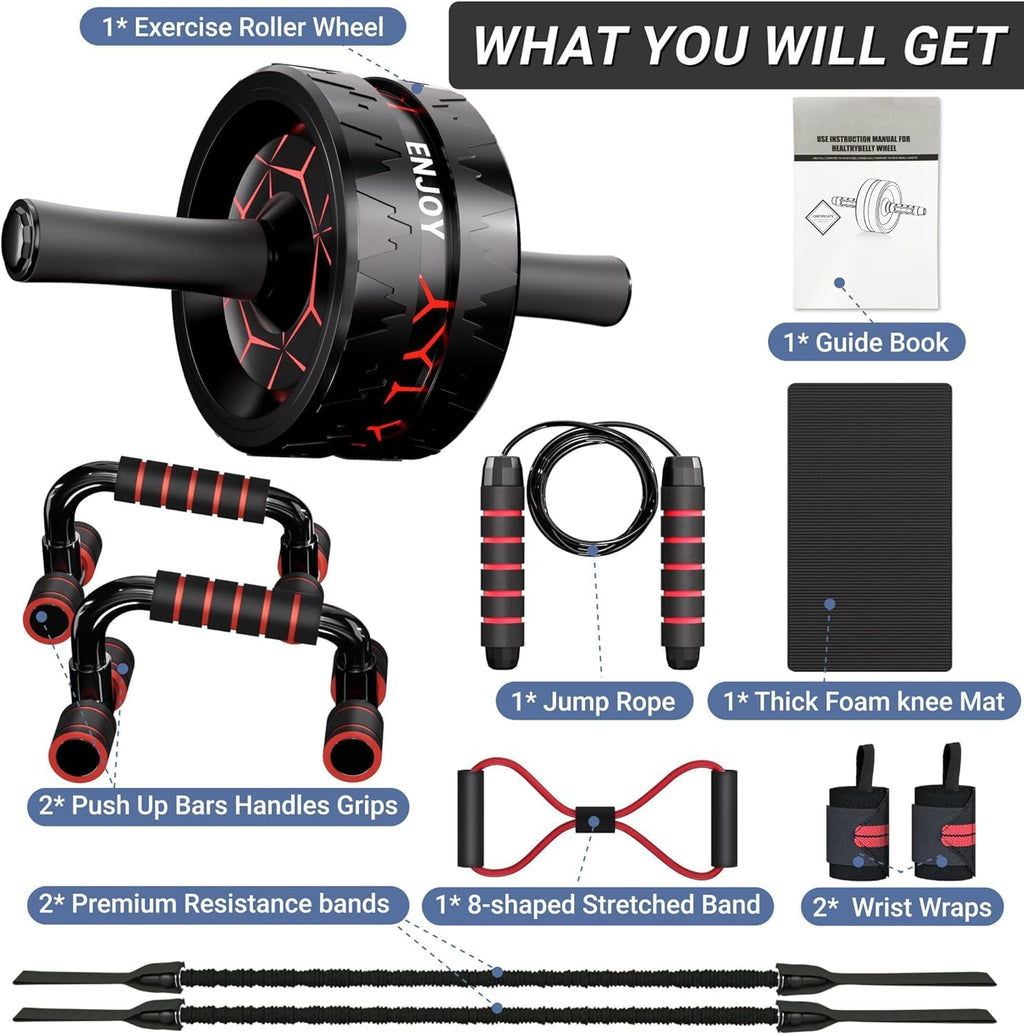 Ab Roller Wheel, Ab Exercise Wheels Kit with Ab Roller, Resistance Bands, Knee Mat, Jump Rope, Push-Up Bar
