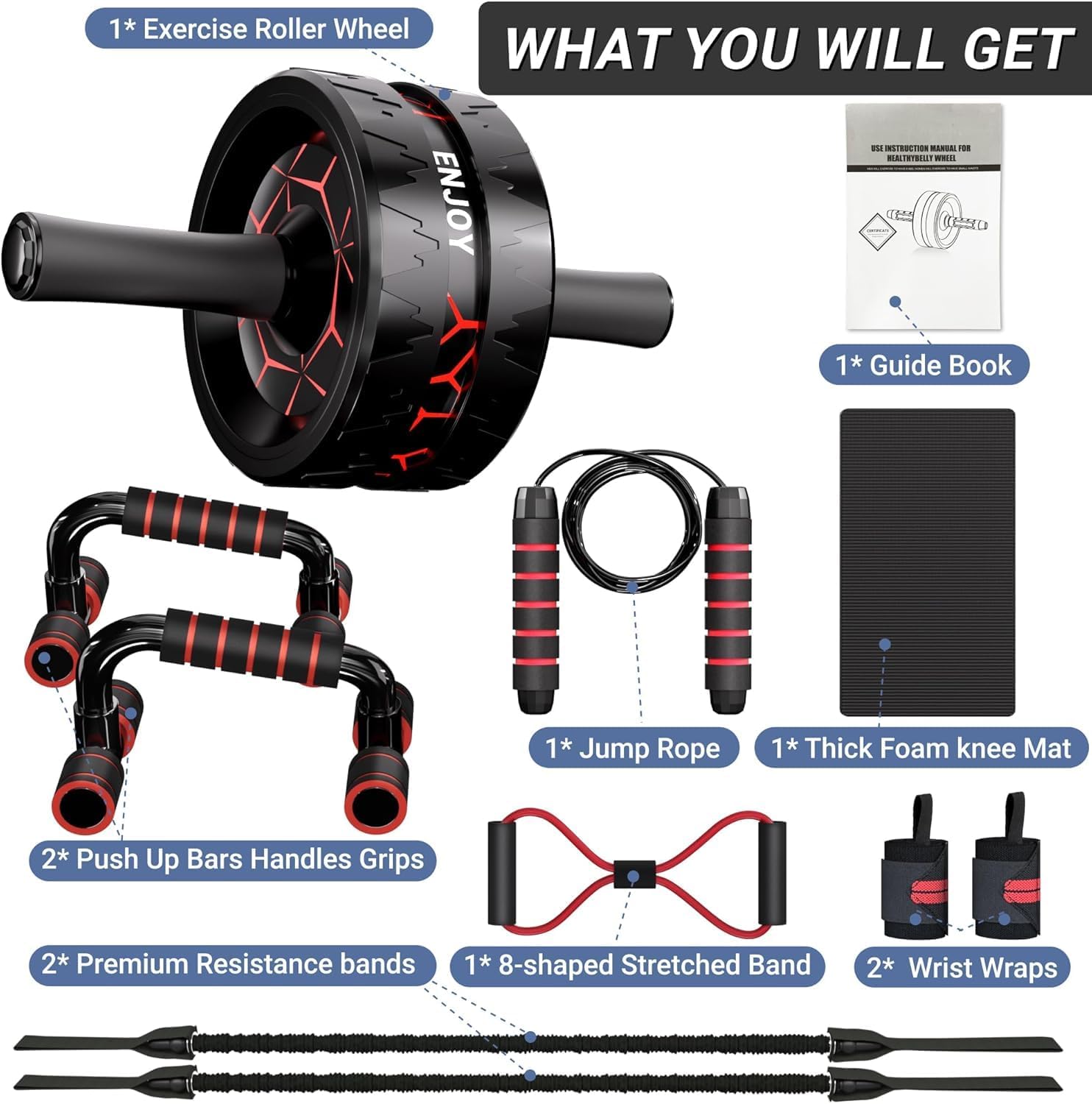 Ab Roller Wheel, Ab Exercise Wheels Kit with Ab Roller, Resistance Bands, Knee Mat, Jump Rope, Push-Up Bar
