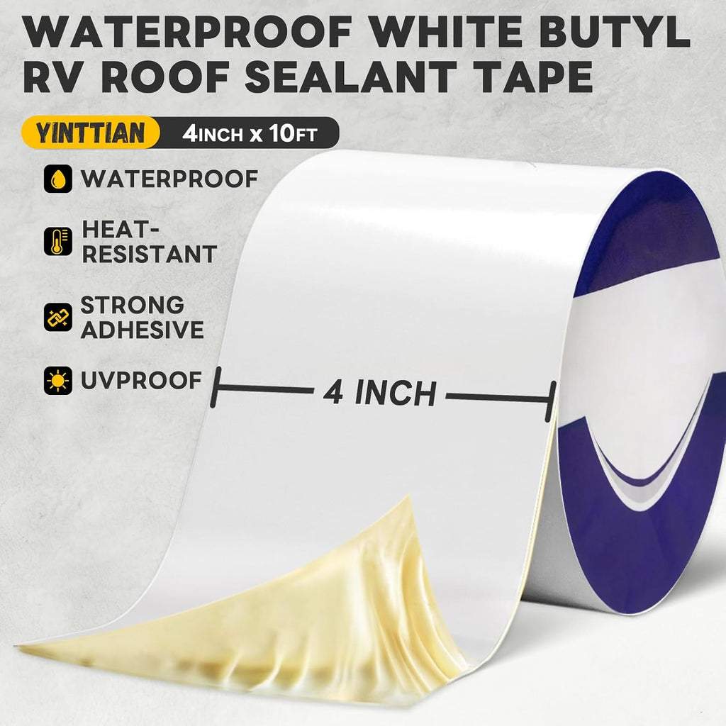 Waterproof White Butyl RV Roof Sealant Tape 4" x10', 40 mil Thick Patch