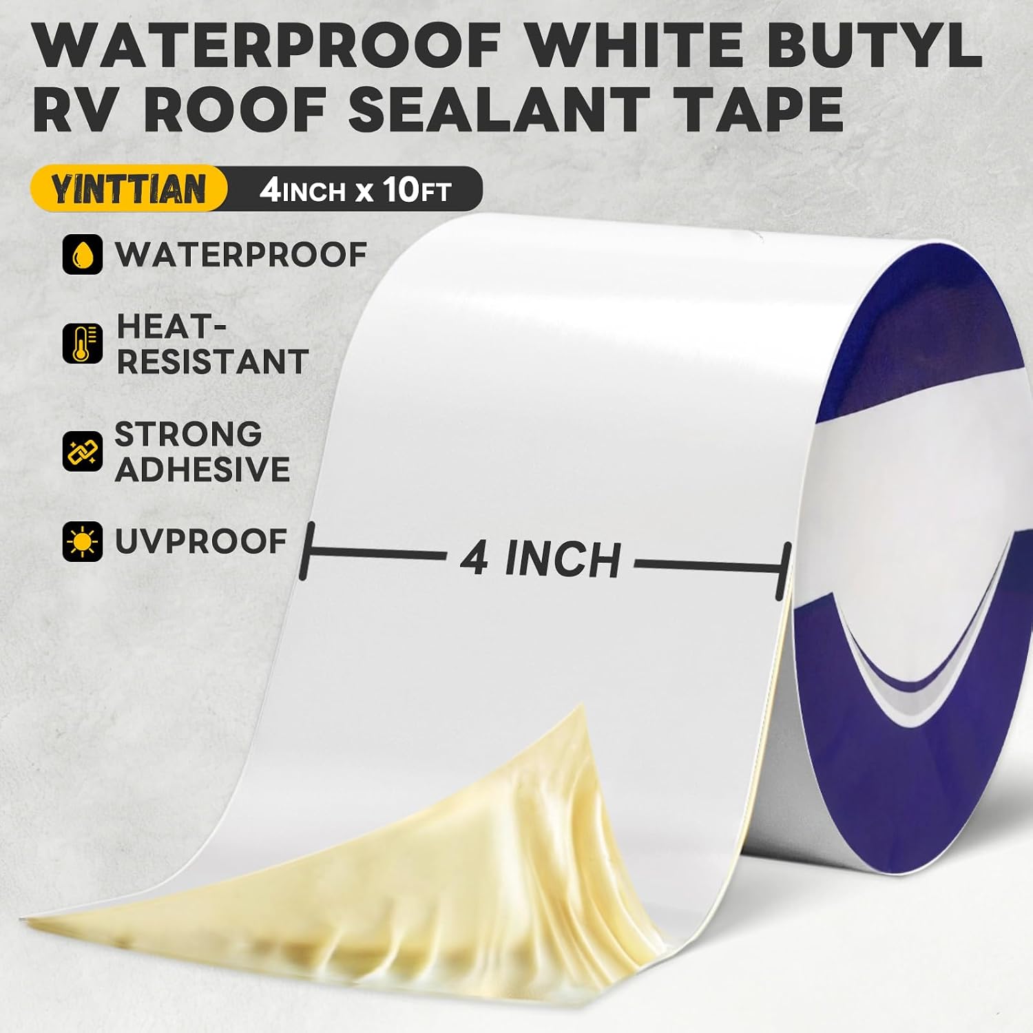 Waterproof White Butyl RV Roof Sealant Tape 4" x10', 40 mil Thick Patch