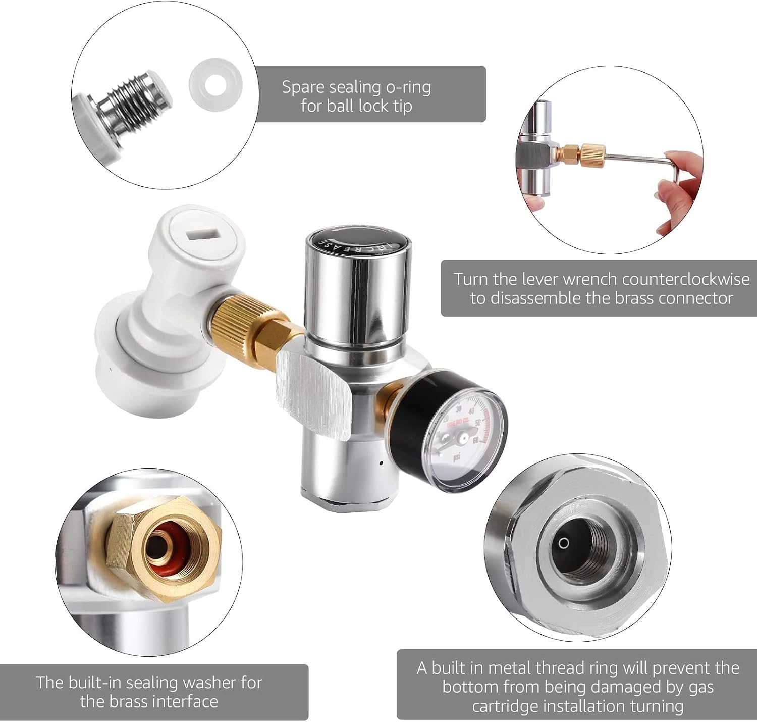 Mini Keg Co2 Regulator 0-60 PSI Portable Corny Keg Regulator | No Leakage, 16g Co2 Cartridge Compatible, Ball Lock
