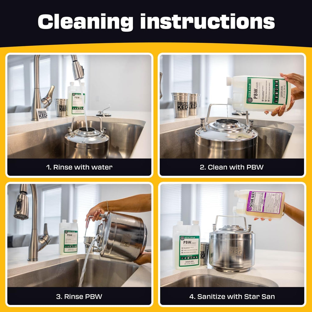 Cleaning kit with: PBW Cleaner 32oz, Star San No Rinse Food Grade Brewing Sanitizer 32oz, 6 Pack of 16g CO2