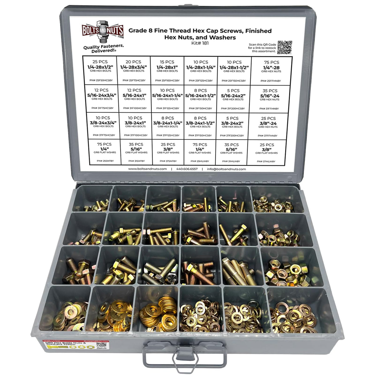 Fine Thread Grade 8 Hex Cap Bolts, Finished Hex Nuts, Washers, Lock Washers Metal Assortment Kit Containing 570+ Pieces!