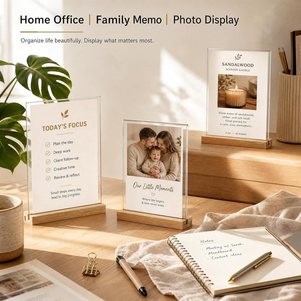 5×7 Acrylic Sign Holder,3Pack | High Definition,Dual-slot design,Solid wood base,Double-sided protective