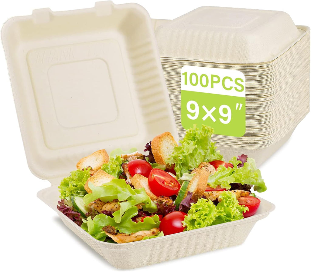 9X9 Compostable Clamshell Take Out Food Container 100 Pack