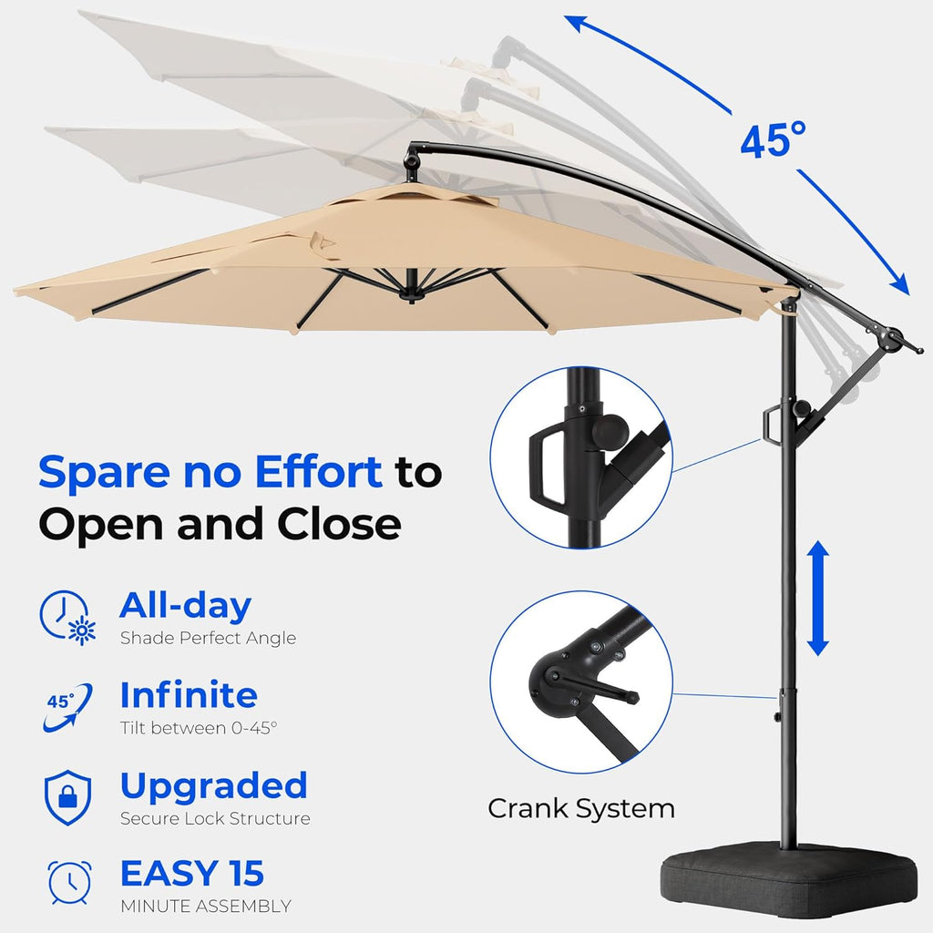 10ft Cantilever Patio Umbrella with Base Included, 30 MPH Wind-Resistant Offset Outdoor Hanging Umbrella with 45