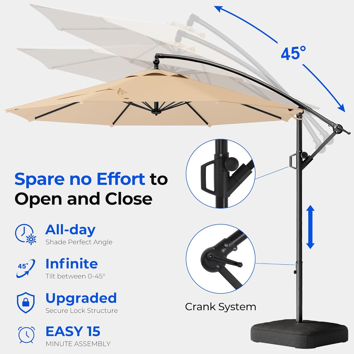 10ft Cantilever Patio Umbrella with Base Included, 30 MPH Wind-Resistant Offset Outdoor Hanging Umbrella with 45