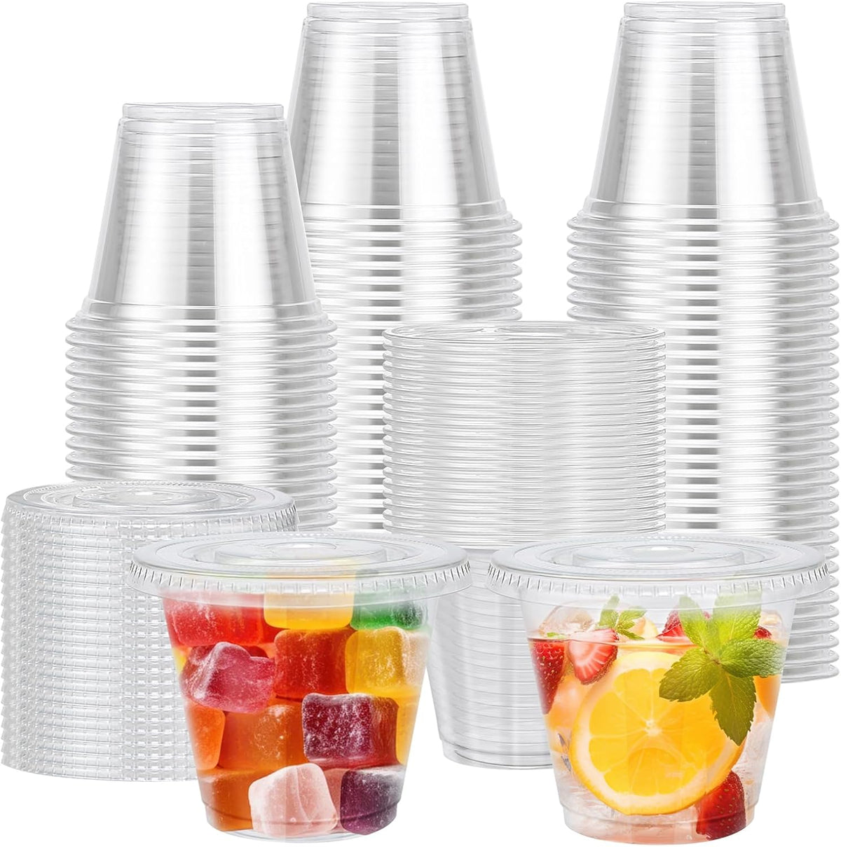 100 Pack 9 oz Clear Plastic Cups with Flat No Hole Lids