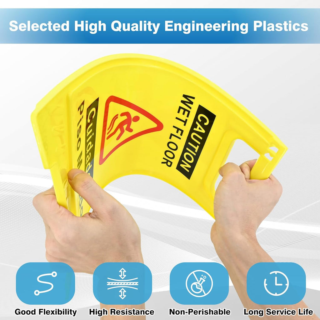 4-Pack Caution Wet Floor Sign, 17.5" Height, Bright Yellow, Double-Sided A-Shaped Frame Design, Bilingual Caution
