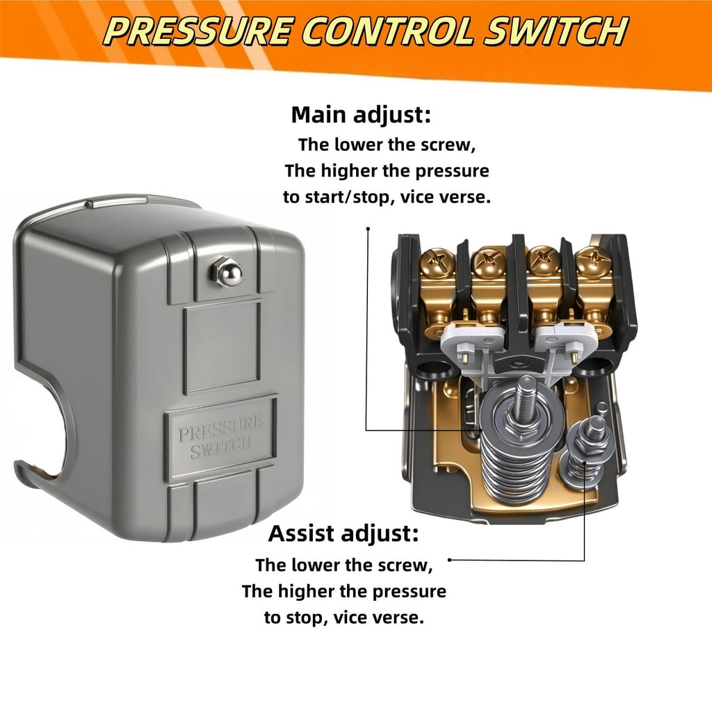 Water Well Pressure Control & Air-Pump Pressure Switch, 40-60 PSI, Adjustable Differential,1/4" Female NPT, Automatic (2 Pcs)