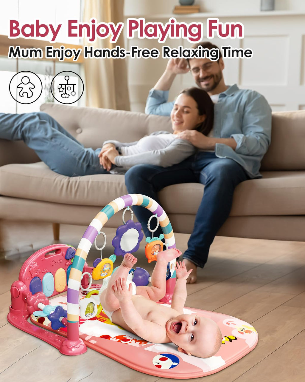 Baby Play Mat Gym, Funny Play Piano Tummy Time Activity Mat with 5 Infant Sensory Toys, Music and Lights, Boy & Girl