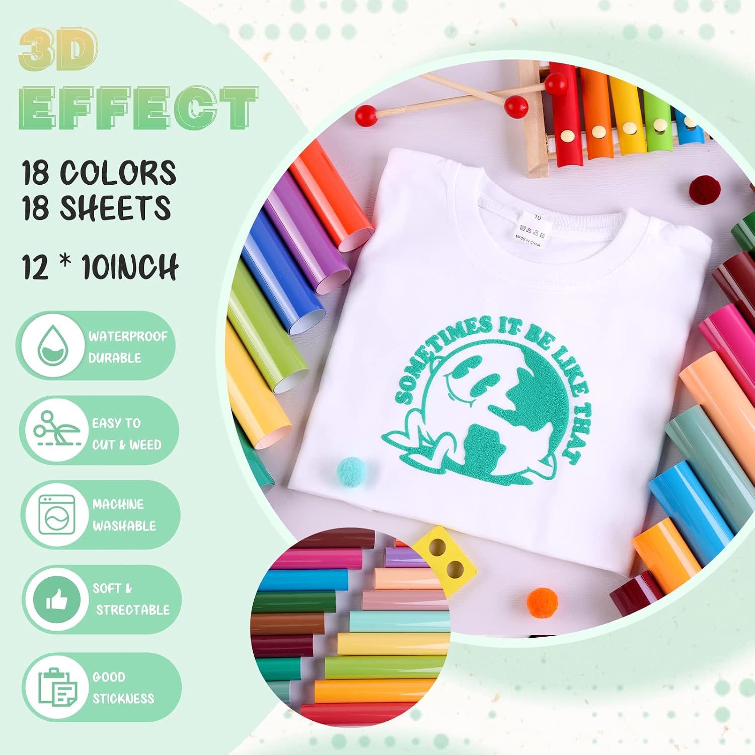 Multicolored Puff Heat Transfer Vinyl,18 Pcs 12x10in Iron on Vinyl | 3D Foaming HTV sheets,easy cut & weed,stretch
