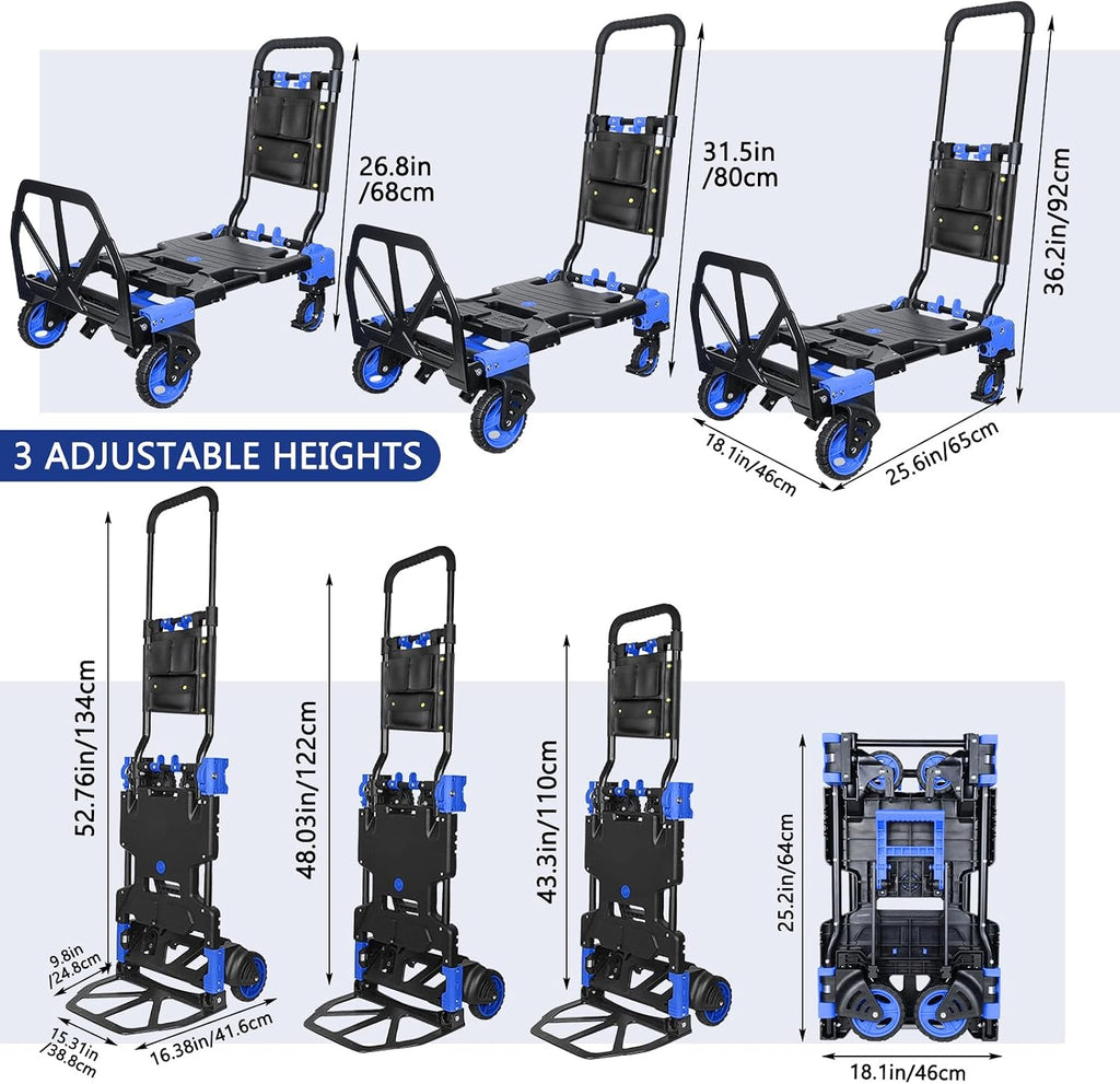 Folding Hand Truck, 2 in 1 Portable Heavy Duty Carrying Moving Dolly Cart with 4 Foldable Wheels and Retractable