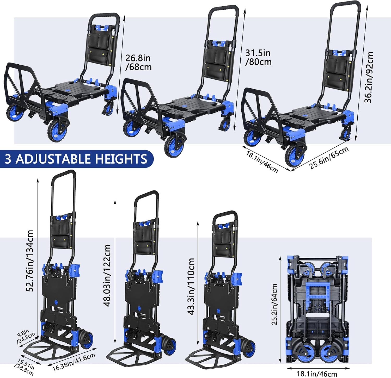 Folding Hand Truck, 2 in 1 Portable Heavy Duty Carrying Moving Dolly Cart with 4 Foldable Wheels and Retractable