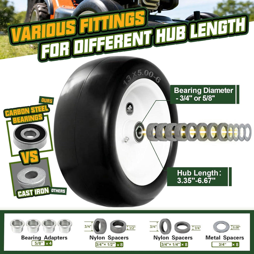13x5.00-6 Flat Free Lawn Mower Tire and Wheel with 3/4" bearing bore, with 5/8" bearing sleeves, for Zero Turn Mower