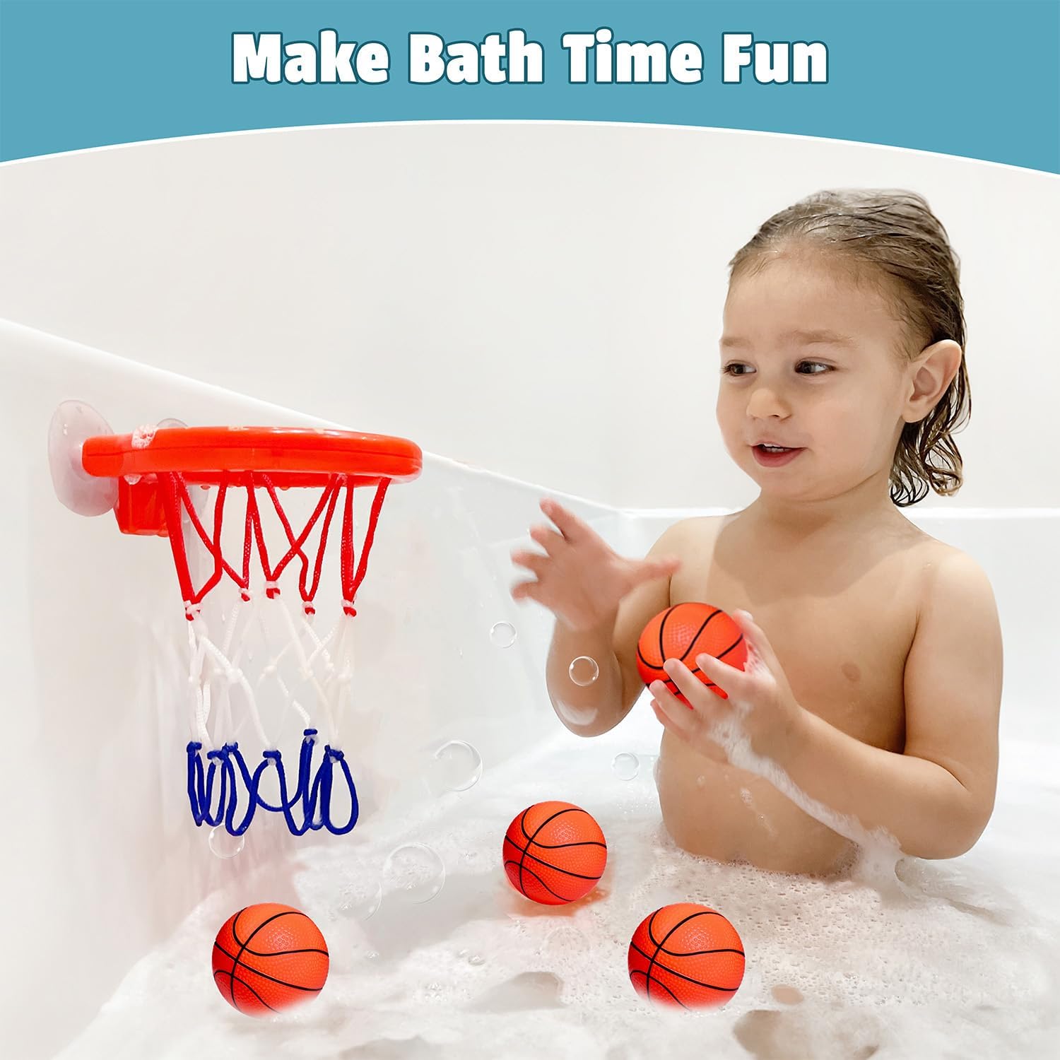 Bath Toys - Bathtub Basketball Hoop for Toddlers Kids with 4 Mold-Free Balls & Strong Suction Cup Basketball Hoop |