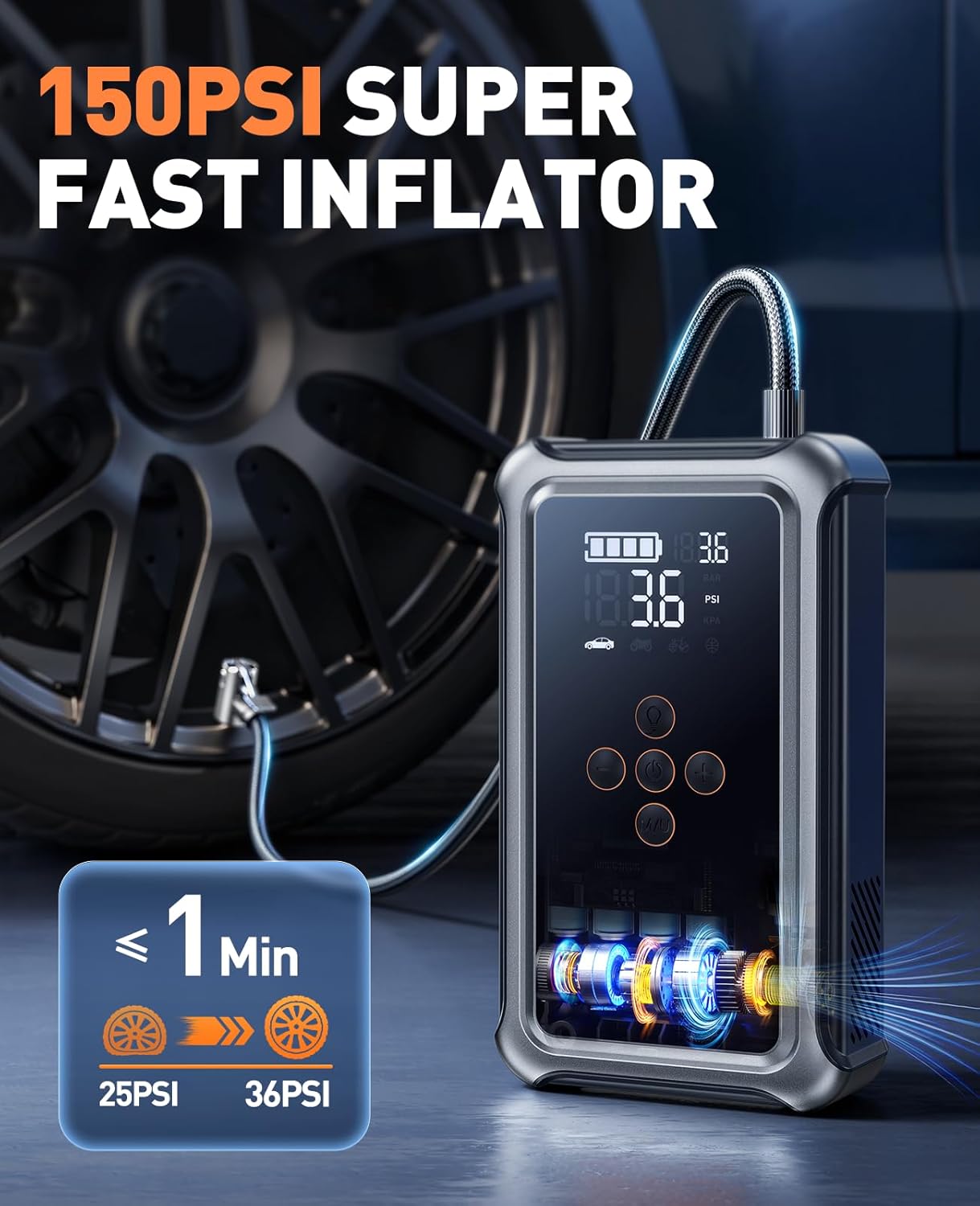 Car Battery Jump Starter with Air Compressor 6000A 150PSI, Car Jumper Starter Portable (All Gas/10L Diesel), Jump Box