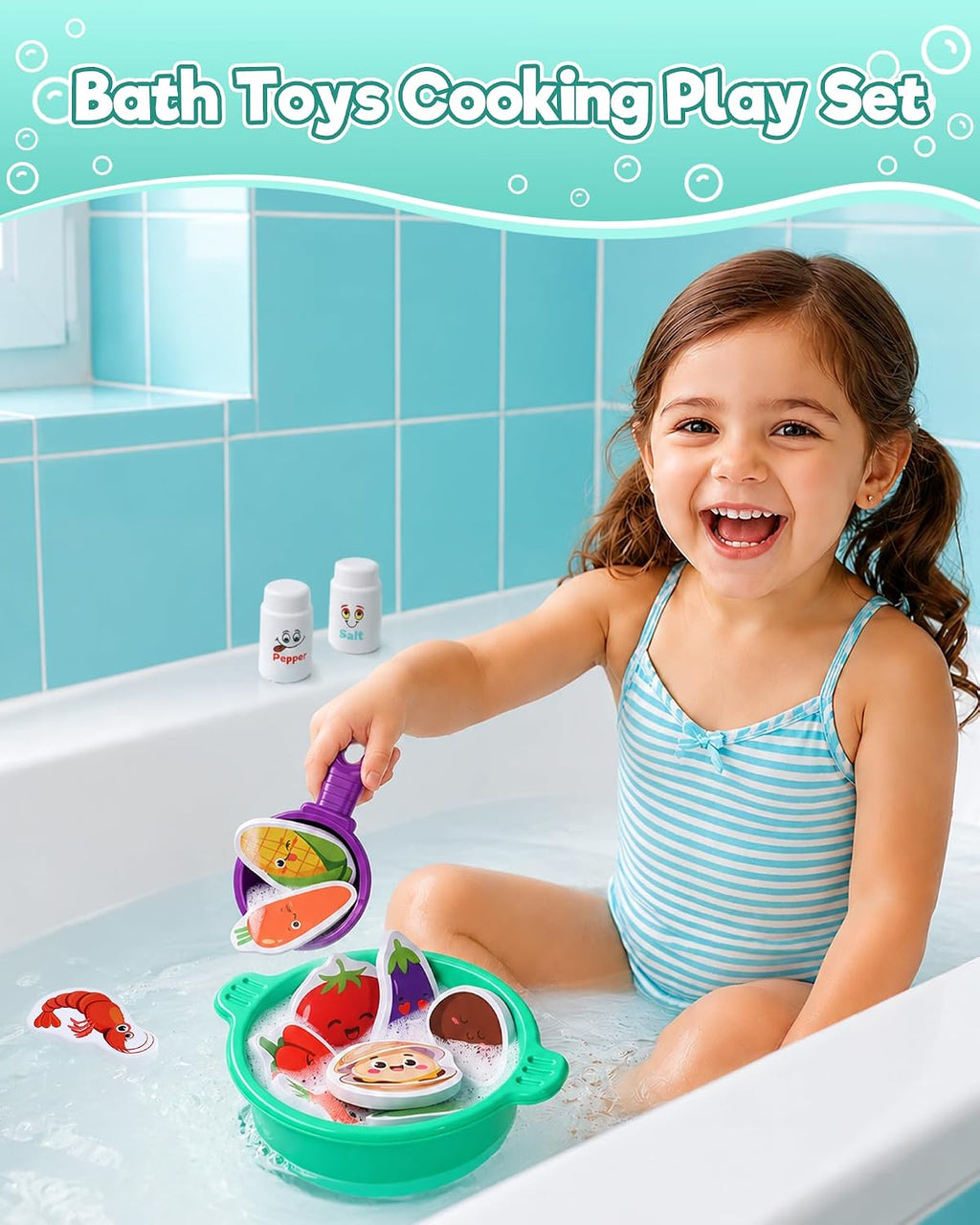 Bath Toys for Kids Ages 4-8 Bathtub Water Toys Play Food Cooking Set | 16 Pcs Mold Free Floating Foam Vegetables &